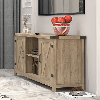 Modern Farmhouse TV Stand, 65+ Inch, Adjustable Shelves, Cable Management, Storage