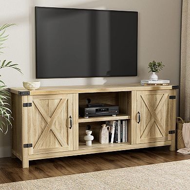Modern Farmhouse TV Stand, 65+ Inch, Adjustable Shelves, Cable Management, Storage