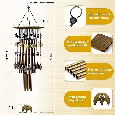 30" Pine Wind Chimes 24 Copper Tubes 16 Bell Memorial Garden Patio Hanging Decoration