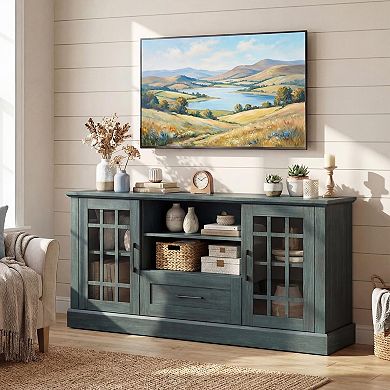 Farmhouse TV Stand 65/70" with Storage, Cable Management, Glass Doors