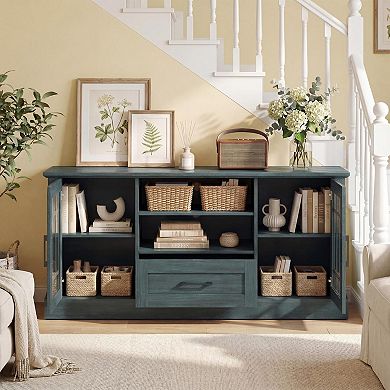 Farmhouse TV Stand 65/70" with Storage, Cable Management, Glass Doors
