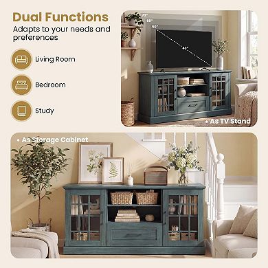 Farmhouse TV Stand 65/70" with Storage, Cable Management, Glass Doors