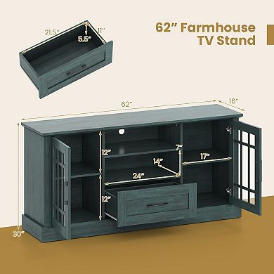 Farmhouse TV Stand 65/70" with Storage, Cable Management, Glass Doors