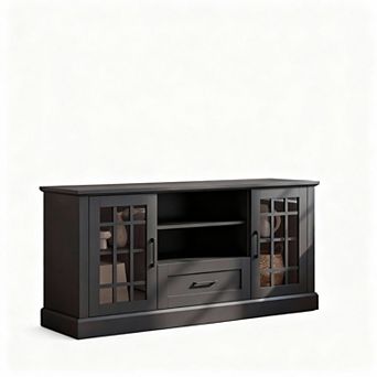 Farmhouse TV Stand 65/70" with Storage, Cable Management, Glass Doors