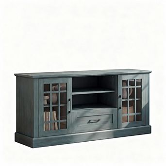 Farmhouse TV Stand 65/70" with Storage, Cable Management, Glass Doors