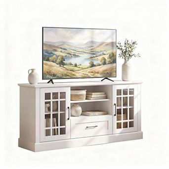 Farmhouse TV Stand 65/70" with Storage, Cable Management, Glass Doors