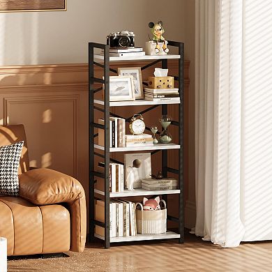 5-Tier Metal Bookshelf with Adjustable Feet and X-Design for Space-Saving Storage