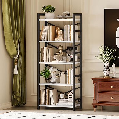5-Tier Metal Bookshelf with Adjustable Feet and X-Design for Space-Saving Storage