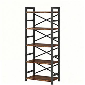 5 tier Metal Bookshelf with Adjustable Feet and X-Design for Space-Saving Storage