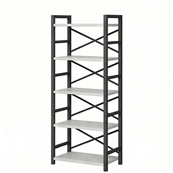5 tier Metal Bookshelf with Adjustable Feet and X-Design for Space-Saving Storage