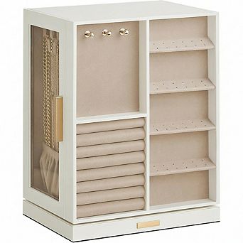 ZUQIETA 360° Rotating Jewelry Organizer with 5 Drawers & Glass Window, Cloud White