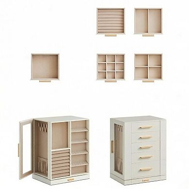 ZUQIETA 360° Rotating Jewelry Organizer with 5 Drawers & Glass Window, Cloud White