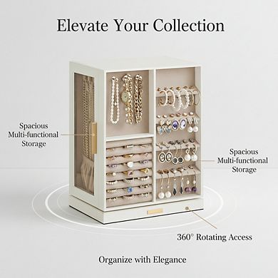 ZUQIETA 360° Rotating Jewelry Organizer with 5 Drawers & Glass Window, Cloud White