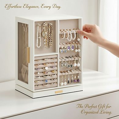 ZUQIETA 360° Rotating Jewelry Organizer with 5 Drawers & Glass Window, Cloud White