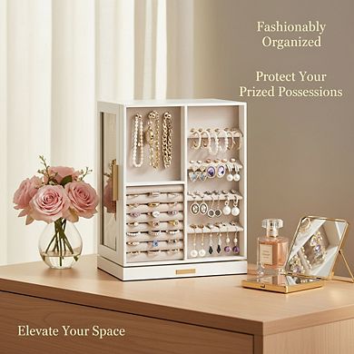 ZUQIETA 360° Rotating Jewelry Organizer with 5 Drawers & Glass Window, Cloud White