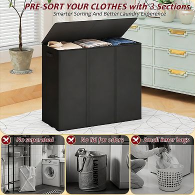 195L 3-Compartment Laundry Hamper with Lid & Removable Bags