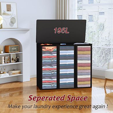 195L 3-Compartment Laundry Hamper with Lid & Removable Bags