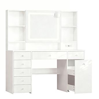 47.2" LED Vanity Desk with 7 Drawers, Pull-out Mirror, Rolling Cart, Hairdryer Rack