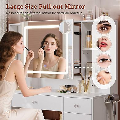 47.2" LED Vanity Desk with 7 Drawers, Pull-out Mirror, Rolling Cart, Hairdryer Rack