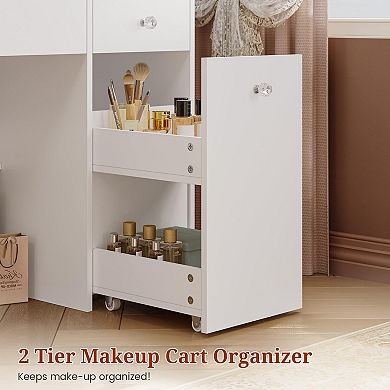 47.2" LED Vanity Desk with 7 Drawers, Pull-out Mirror, Rolling Cart, Hairdryer Rack