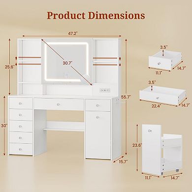 47.2" LED Vanity Desk with 7 Drawers, Pull-out Mirror, Rolling Cart, Hairdryer Rack