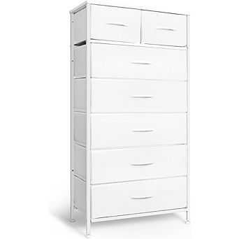 ZUQIETA 7-Drawer Vertical Storage Tower - White Fabric Dresser with Steel Frame & Wood Top