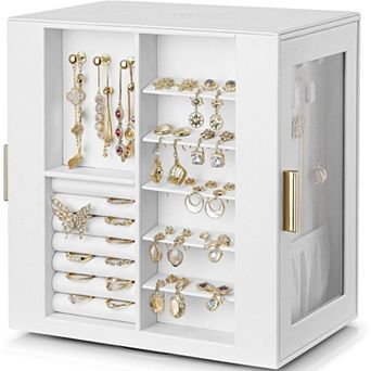 ZUQIETA 360° Rotating Jewelry Box with 5 Drawers, Glass Windows & PU Leather, White Organizer