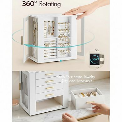 ZUQIETA 360° Rotating Jewelry Box with 5 Drawers, Glass Windows & PU Leather, White Organizer