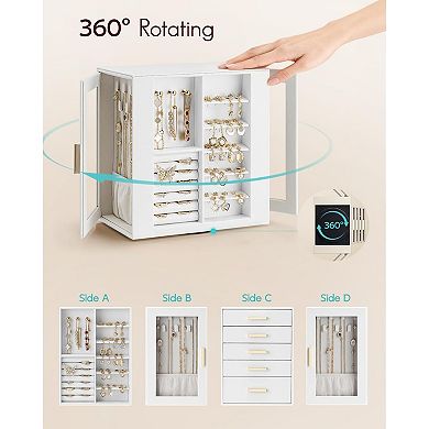 ZUQIETA 360° Rotating Jewelry Box with 5 Drawers, Glass Windows & PU Leather, White Organizer