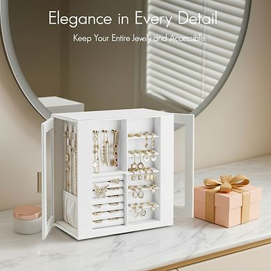 ZUQIETA 360° Rotating Jewelry Box with 5 Drawers, Glass Windows & PU Leather, White Organizer