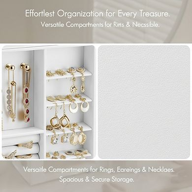 ZUQIETA 360° Rotating Jewelry Box with 5 Drawers, Glass Windows & PU Leather, White Organizer