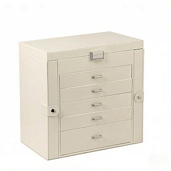 ZUQIETA 6 tier PU Leather Jewelry Organizer with Mirror & 5 Drawers, Pearl White