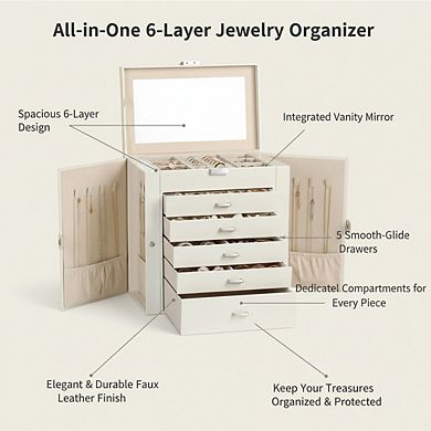 ZUQIETA 6-Tier PU Leather Jewelry Organizer with Mirror & 5 Drawers, Pearl White