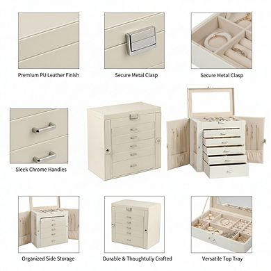 ZUQIETA 6-Tier PU Leather Jewelry Organizer with Mirror & 5 Drawers, Pearl White
