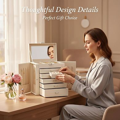 ZUQIETA 6-Tier PU Leather Jewelry Organizer with Mirror & 5 Drawers, Pearl White