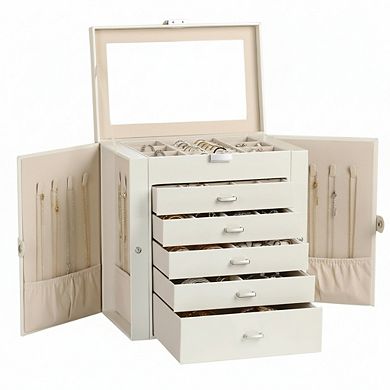 ZUQIETA 6-Tier PU Leather Jewelry Organizer with Mirror & 5 Drawers, Pearl White