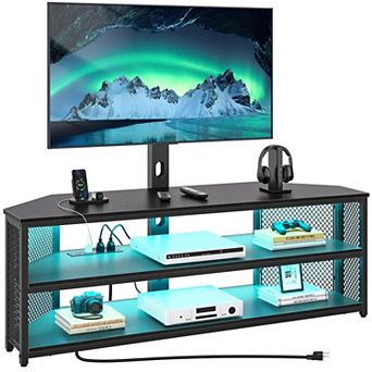 Adjustable Corner TV Stand with Built-in Mount, Storage, LED Lights, and Power Outlets