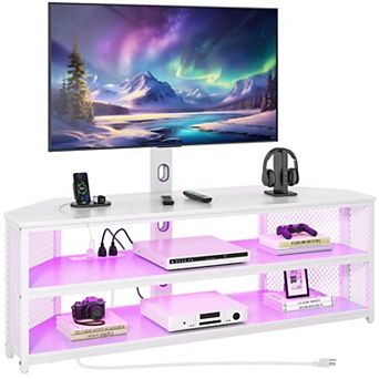 Adjustable Corner TV Stand with Built-in Mount, Storage, LED Lights, and Power Outlets