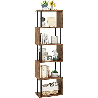 ZUQIETA 6 tier S-Shaped Geometric Bookshelf, Industrial Wood Display for Living Room & Home Office