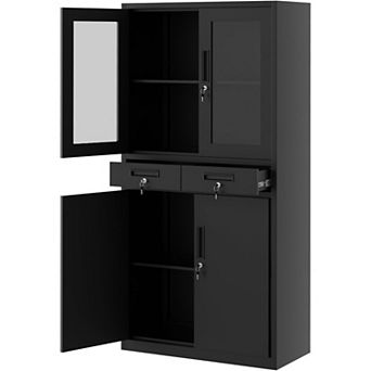 ZUQIETA 71" Black Metal Cabinet with Glass Doors, 2 Drawers & Lock, Adjustable Shelves