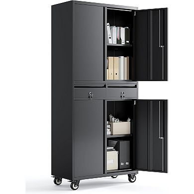 ZUQIETA 71" Black Metal Cabinet with Glass Doors, 2 Drawers & Lock, Adjustable Shelves