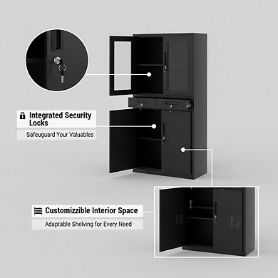 ZUQIETA 71" Black Metal Cabinet with Glass Doors, 2 Drawers & Lock, Adjustable Shelves
