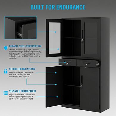 ZUQIETA 71" Black Metal Cabinet with Glass Doors, 2 Drawers & Lock, Adjustable Shelves
