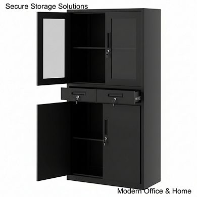 ZUQIETA 71" Black Metal Cabinet with Glass Doors, 2 Drawers & Lock, Adjustable Shelves