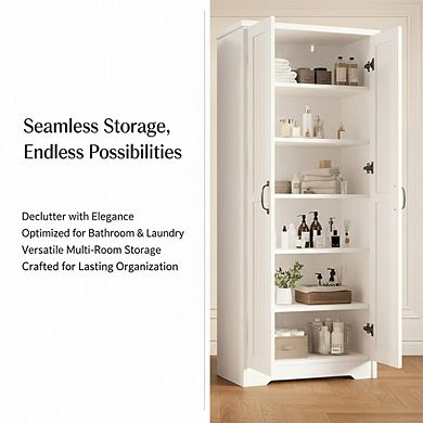 ZUQIETA 70" Wood Pantry Cabinet with 2 Doors & 6 Shelves, Soft White Tall Storage