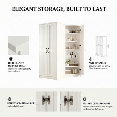 ZUQIETA 70" Wood Pantry Cabinet with 2 Doors & 6 Shelves, Soft White Tall Storage