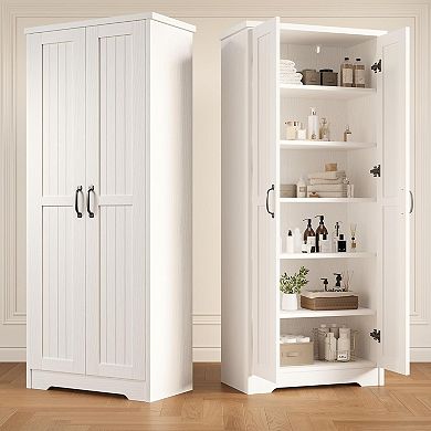 ZUQIETA 70" Wood Pantry Cabinet with 2 Doors & 6 Shelves, Soft White Tall Storage