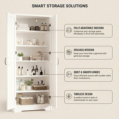 ZUQIETA 70" Wood Pantry Cabinet with 2 Doors & 6 Shelves, Soft White Tall Storage