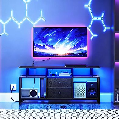 41.7" TV Cabinet with LED Light & Power Strip, Fabric Drawers, Mesh Shelves