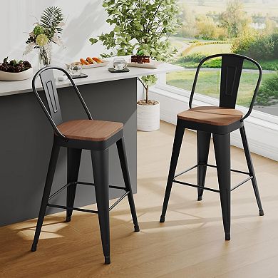 Counter Height Metal Barstools, High-Back, Stackable，Set Of 2